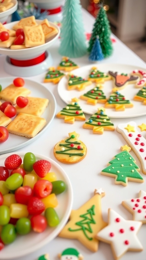 A fun display of Christmas party food for kids including mini pizzas, fruit skewers, and decorated cookies.